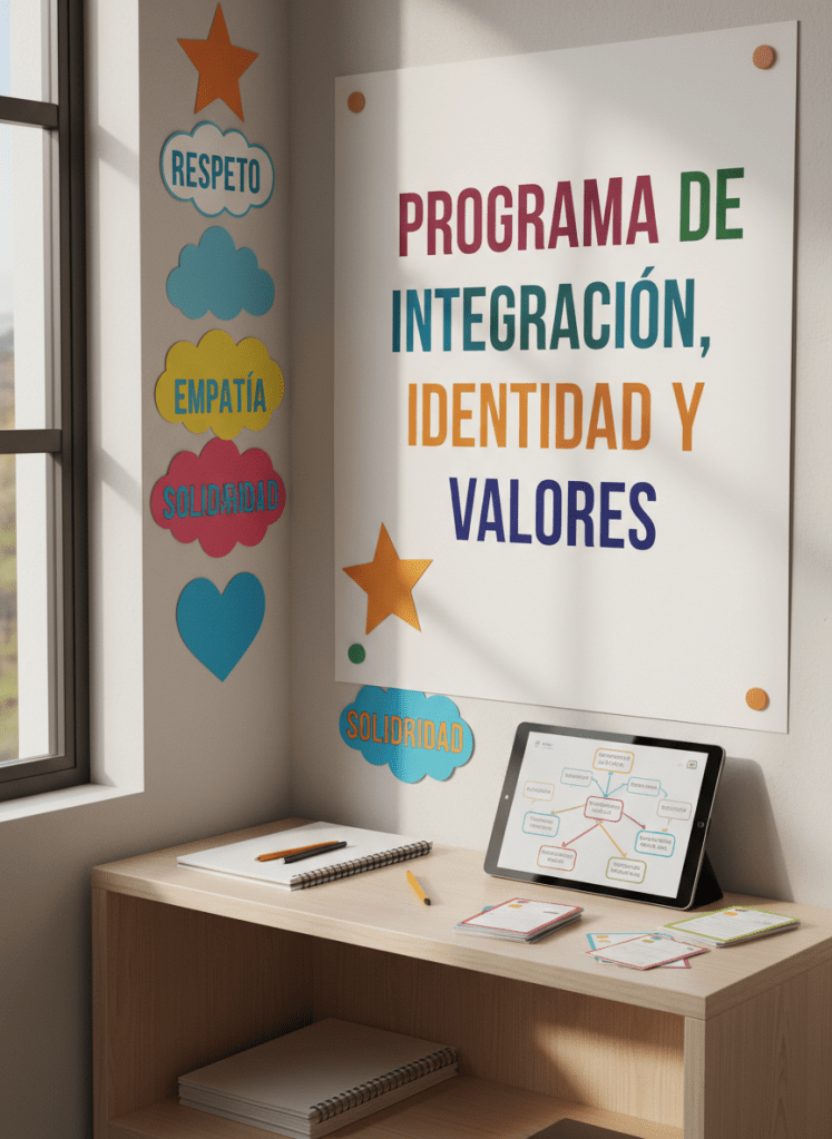 A spacious classroom corner dedicated to an integration and identity project, with a large, colorful poster titled “Programa de integración, identidad y valores” in clear Spanish lettering. Beneath it, a tidy arrangement of notebooks, a tablet displaying a digital mind map, and neatly stacked activity cards sits on a light wooden shelf. On the wall, value words like “respeto”, “empatía” and “solidaridad” are printed on bright paper shapes. Diffused afternoon light enters through a side window, illuminating the textures of the paper and wood. Captured with photographic realism from a slightly elevated angle, using the rule of thirds, the composition feels organized, professional, and optimistic, ideal for an educational website header.