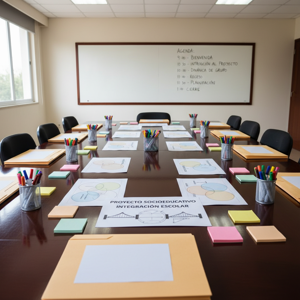 A long, polished wooden table set up for a socioeducational workshop, featuring carefully placed name-free folders, color-coded markers, sticky notes, and a central poster labeled “Proyecto socioeducativo / Integración escolar”. Around the poster lie printed diagrams showing overlapping circles, symbolic bridges, and arrows connecting concepts like “identidad” and “valores”. A whiteboard in the background displays a structured agenda in Spanish with bullet points and times. Soft ceiling lights and indirect daylight blend to create balanced, neutral lighting without harsh shadows. Photographic realism at a slightly wide angle captures the entire table in sharp focus, giving a professional, organized, and purposeful atmosphere suitable for teacher training or institutional presentation pages.