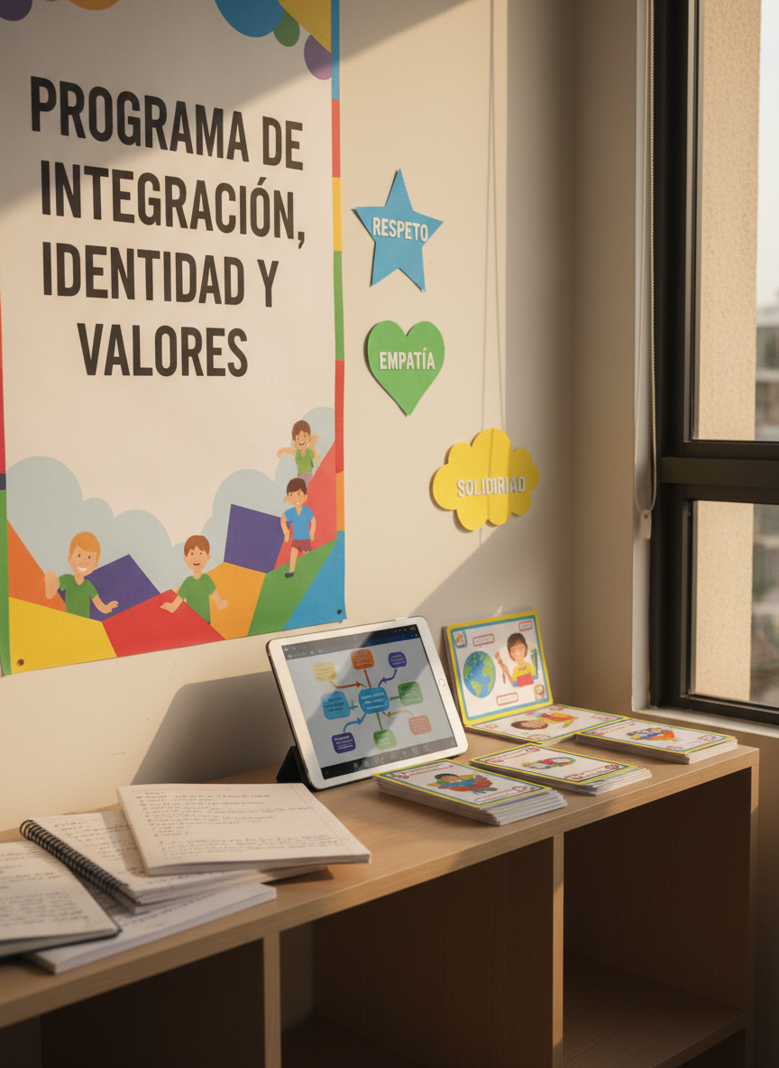 A spacious classroom corner dedicated to an integration and identity project, with a large, colorful poster titled “Programa de integración, identidad y valores” in clear Spanish lettering. Beneath it, a tidy arrangement of notebooks, a tablet displaying a digital mind map, and neatly stacked activity cards sits on a light wooden shelf. On the wall, value words like “respeto”, “empatía” and “solidaridad” are printed on bright paper shapes. Diffused afternoon light enters through a side window, illuminating the textures of the paper and wood. Captured with photographic realism from a slightly elevated angle, using the rule of thirds, the composition feels organized, professional, and optimistic, ideal for an educational website header.