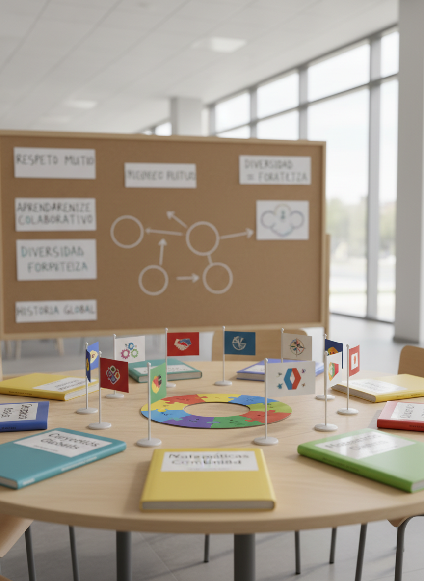 A carefully arranged circular table in a bright, modern school common area, covered with colorful educational materials representing integration and shared values. There are open textbooks in Spanish, neatly labeled folders, puzzle pieces forming a cohesive circle, and small flags of different regions placed respectfully as symbols, not focusing on any specific country. A large corkboard in the background displays handwritten value statements and simple diagrams. Natural daylight filters through large windows, creating soft, even illumination and gentle reflections on the laminated surfaces. Shot at eye level with photographic realism and a medium depth of field, the table is in sharp focus while the background softly blurs, conveying a professional, welcoming, and inclusive academic atmosphere.