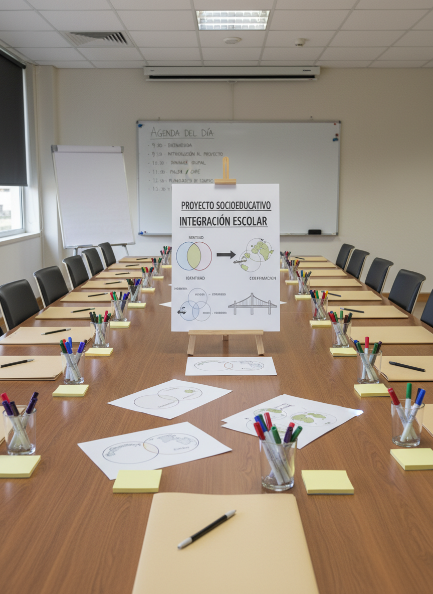 A long, polished wooden table set up for a socioeducational workshop, featuring carefully placed name-free folders, color-coded markers, sticky notes, and a central poster labeled “Proyecto socioeducativo / Integración escolar”. Around the poster lie printed diagrams showing overlapping circles, symbolic bridges, and arrows connecting concepts like “identidad” and “valores”. A whiteboard in the background displays a structured agenda in Spanish with bullet points and times. Soft ceiling lights and indirect daylight blend to create balanced, neutral lighting without harsh shadows. Photographic realism at a slightly wide angle captures the entire table in sharp focus, giving a professional, organized, and purposeful atmosphere suitable for teacher training or institutional presentation pages.