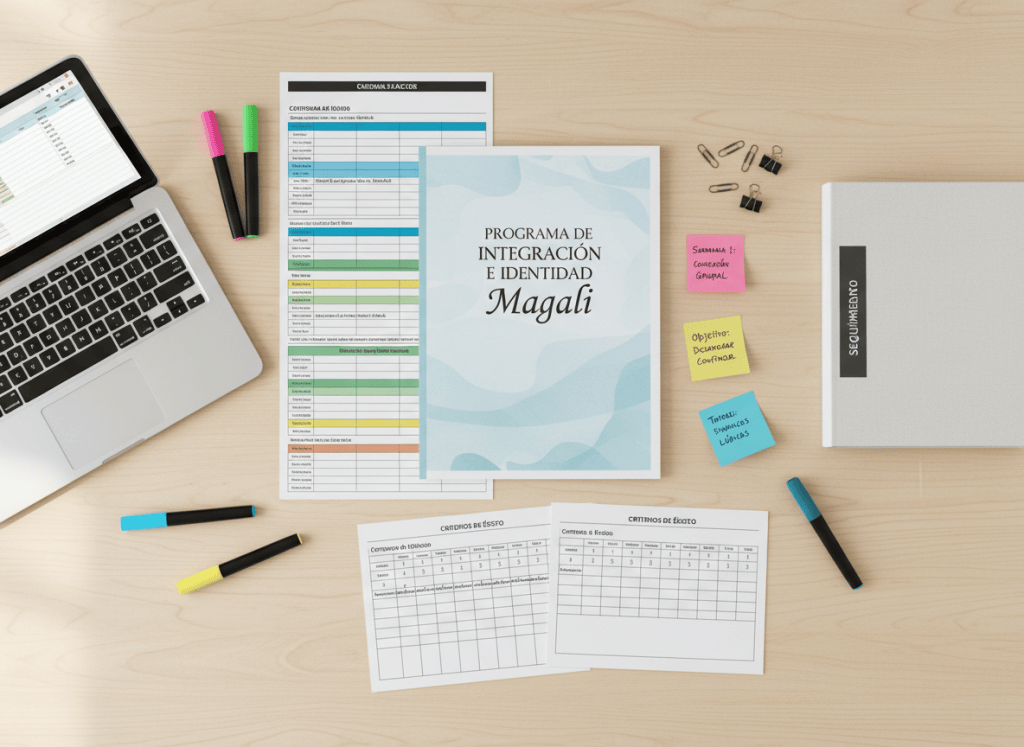 A detailed flat-lay composition on a light wooden desk showing planning materials for an integration and identity program called “Magali”. At the center is a professionally printed cover page with the program title in elegant typography, surrounded by a color-coded weekly schedule, evaluation rubrics, and post-it notes with short goals in Spanish. A laptop displays a clean spreadsheet, while highlighters, paper clips, and a slim binder labeled “Seguimiento” frame the scene. Soft overhead lighting and ambient daylight from an unseen window create even, shadow-free illumination that emphasizes clarity and order. Captured in photographic realism from a perfectly overhead, bird’s-eye view, the image conveys a structured, methodical, and professional approach to socioeducational project management.