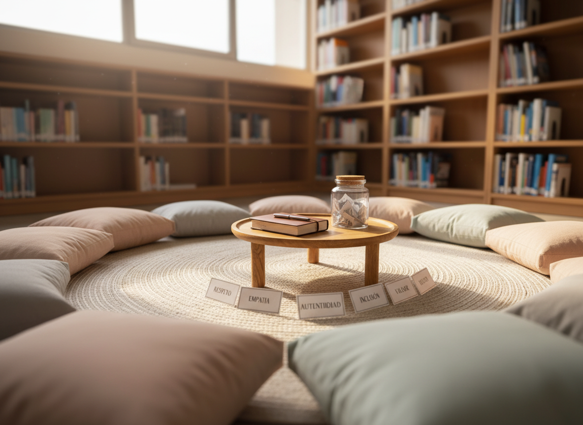 A dedicated reflection space in a school library corner, with a low, circular rug surrounded by unoccupied, neatly arranged cushions in neutral and pastel tones, symbolizing inclusive dialogue. In the center rests a small wooden table holding a closed journal with a pen, a stack of value cards labeled in Spanish, and a glass jar filled with folded paper prompts for reflection. Behind, shelves of books on education, psychology, and diversity are visible but softly blurred. Warm late-afternoon light streams in from a side window, casting gentle shadows and a calm glow across the scene. Photographic realism, shot from a low, intimate angle with shallow depth of field, creates a serene, reflective mood aligned with identity and values work.